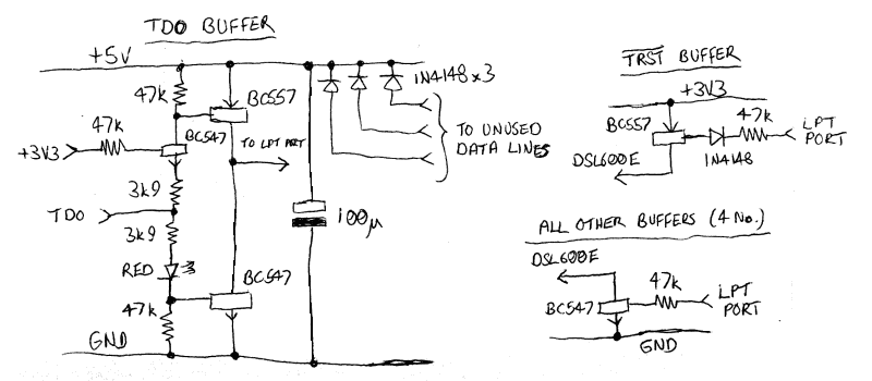 Circuit diagram for parallel port JTAG adaptor