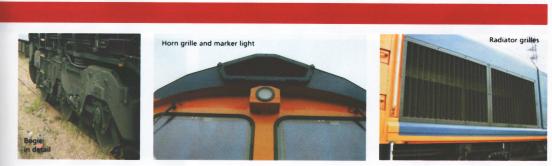 Class 66 - from the outside: Bogie in detail, Horn grille and marker light, Radiator grilles