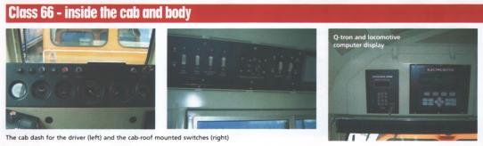 Class 66 - inside the cab and body: Cab dashboard, Cab-roof-mounted switches, Q-tron and locomotive computer display