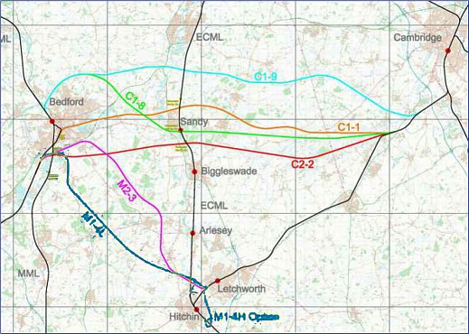 Proposed routes for the central section of the East West Rail
link, between Bedford and Cambridge, 2016