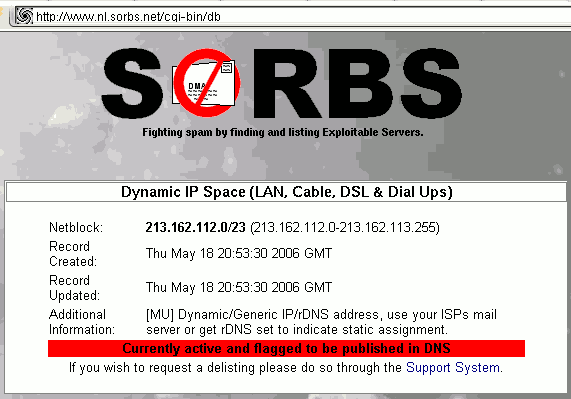 Screenshot of SORBS website: 213.162.112.0/23 blacklisted