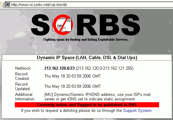 Screenshot of SORBS website: 213.162.120.0/23 blacklisted