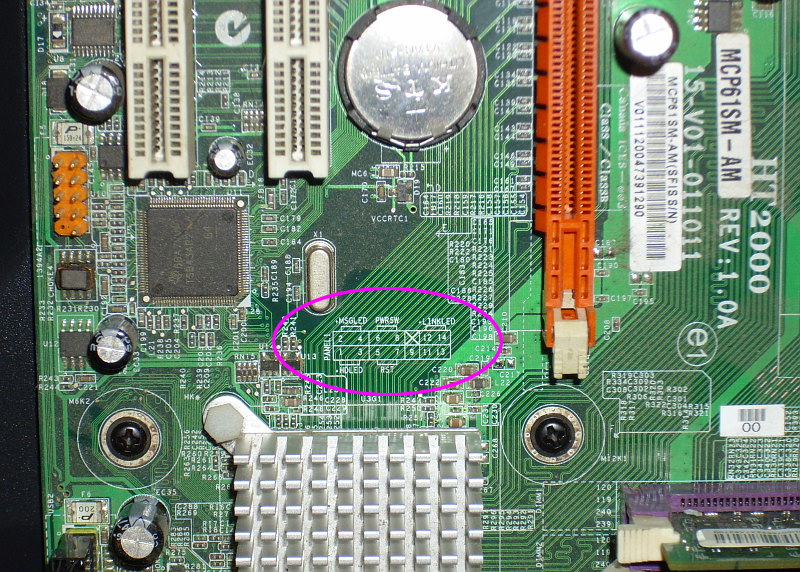 Foxconn/ECS MCP61SM-AM front panel connector pinout labelling on motherboard