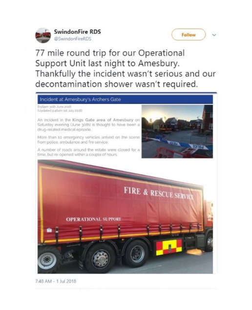 Screenshot of the tweet from @SwindonFireRDS with the photo of a support truck attending the poisoning of Dawn Sturgess and Charlie Rowley