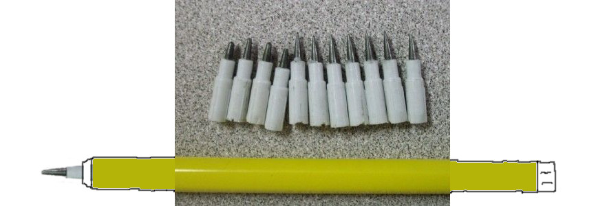 One of those shitty plastic pencils other kids had at school which had several little leads inside all in little plastic sabots stacked end to end and instead of sharpening them you pulled the used lead out of the front and pushed it in the back and a new one came out